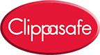Clippasafe logo on a red background, representing the brand's commitment to safety.