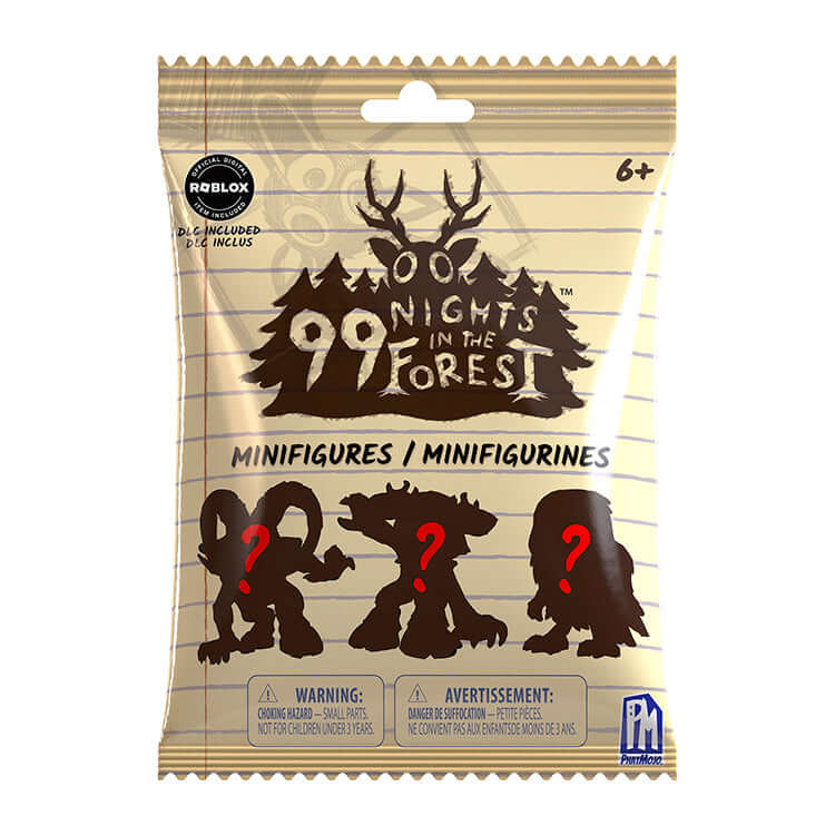 99 Nights In The Forest Collectable Minifigures packaging featuring silhouettes and warning details.