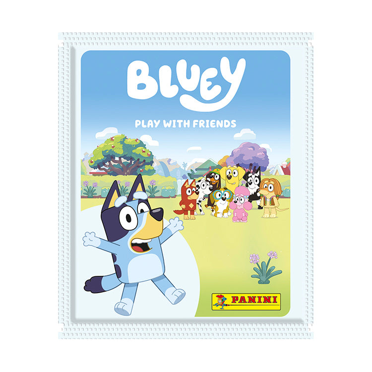 Bluey 'Play With Friends' sticker collection by Panini featuring favorite characters in a vibrant landscape.