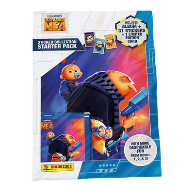 Despicable Me 4 Sticker Collection Starter Pack by Panini, includes album, 31 stickers, and limited edition card featuring characters from the movie.