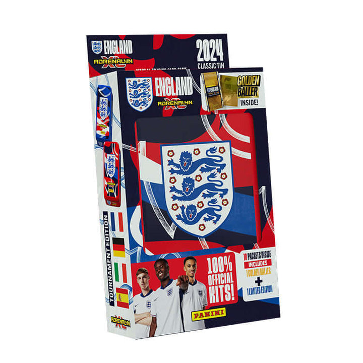 England Adrenalyn XL 2024 Trading Cards Box featuring official kits and golden baller, available at Earthlets.com.