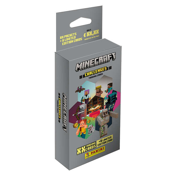 Minecraft Challenges Trading Card Collection box showcasing various challenge-themed cards and characters.