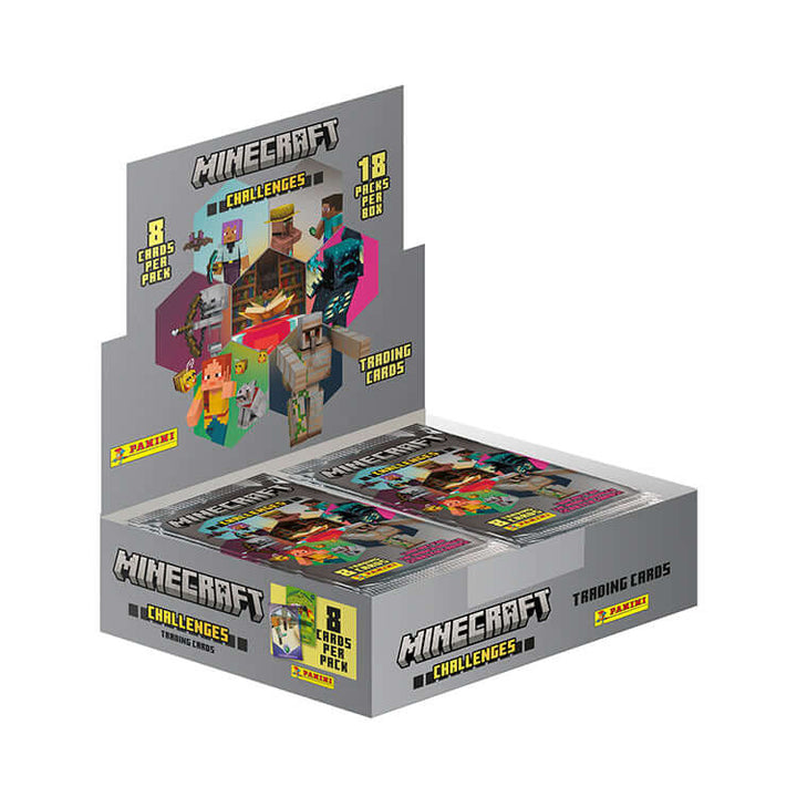 Minecraft Challenges Trading Card Collection display box featuring 18 packs, each with 8 collectible challenge cards.