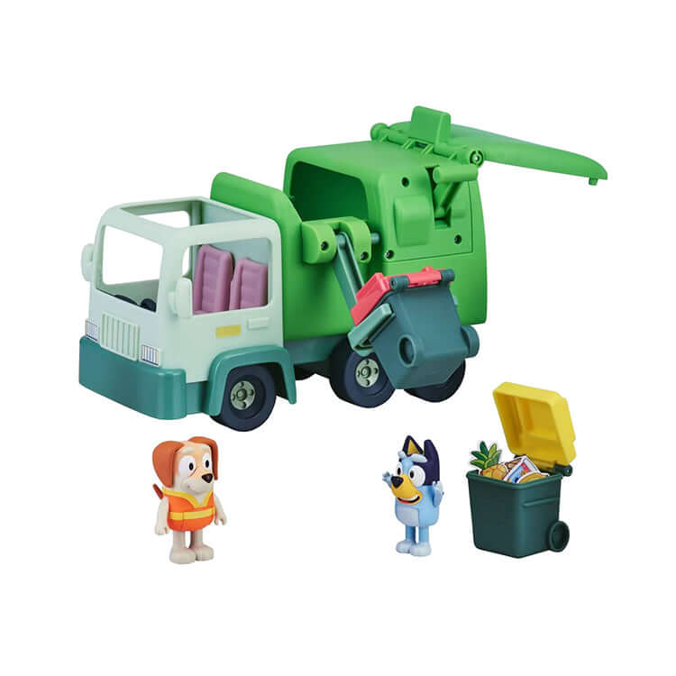 Bluey Series 6 Garbage Truck playset with Bluey and Bin Man figures, rubbish truck, and two bins.