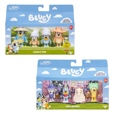 Bluey S11 Figure 4 Pack featuring Family Trip and Halloween sets with movable figures for imaginative play.