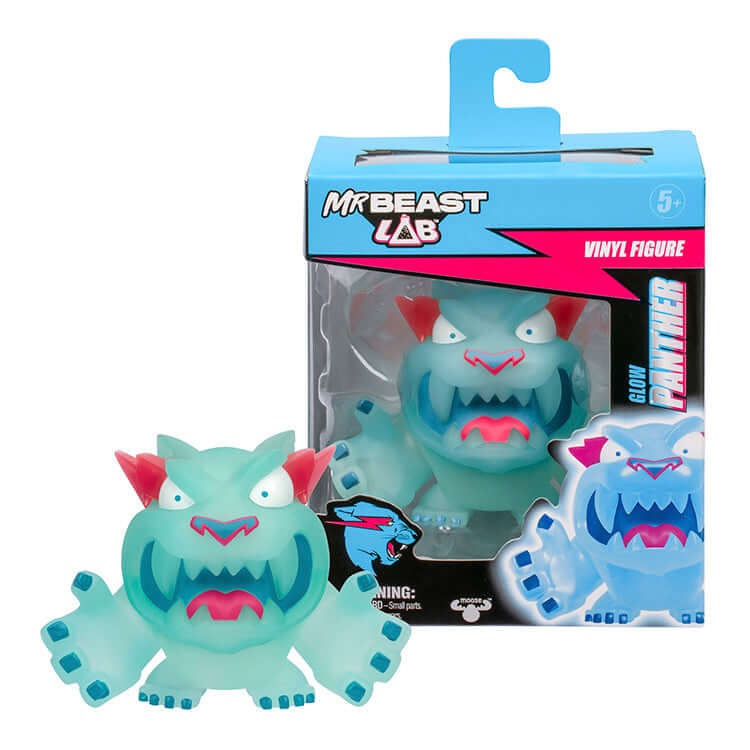 MrBeast Lab Glow Panther Vinyl Figure in premium packaging, showcasing blue and pink colors, perfect for collectors.