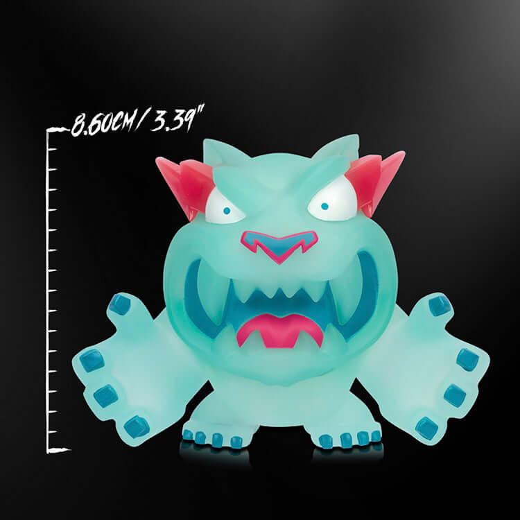 MrBeast Lab Vinyl Figure in glow-in-the-dark style, 3.39" tall, featuring vibrant blue and pink details.