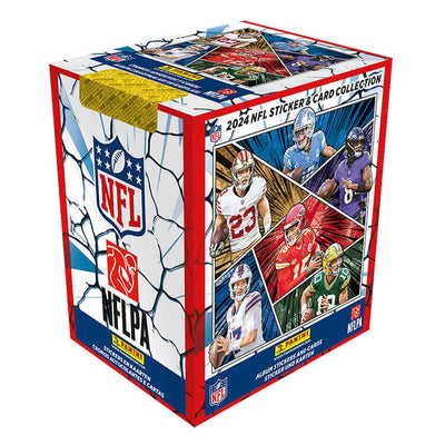 NFL 2024 Sticker and Trading Card Collection Box featuring NFL players and official logos, perfect for fans and collectors.