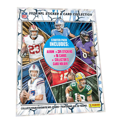 2024 NFL Sticker & Card Collection starter pack with stickers, cards, and a collector's card holder.