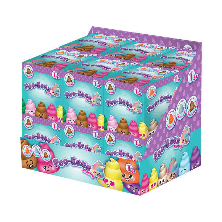 Display box of Poo-Eeez Series 1 scented plushies with colorful, squishy poos to collect and enjoy.