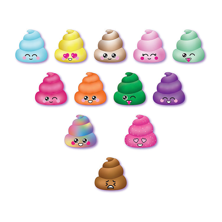 Colorful Poo-Eeez Series 1 scented plushies, featuring 12 cute, slow-rise poos in various colors and expressions.