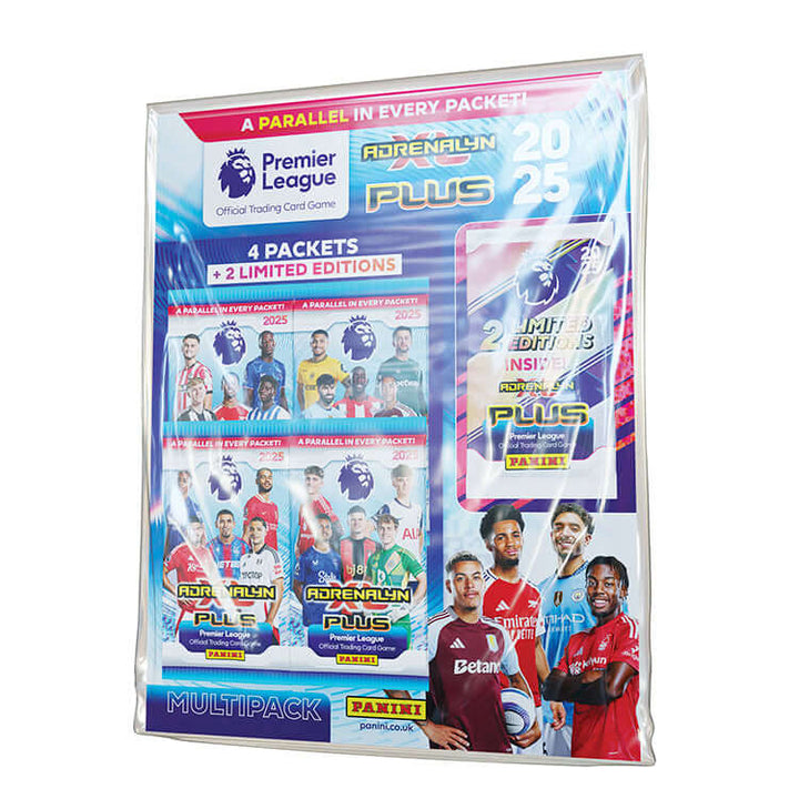 Premier League Adrenalyn XL PLUS 2025 multipack with trading card packets and limited editions inside.