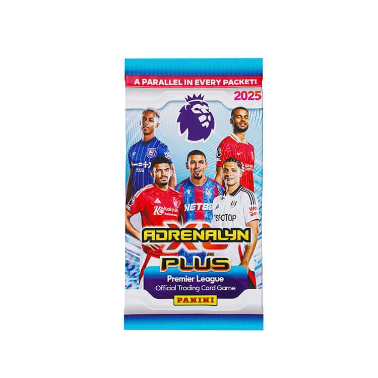 Premier League 2025 Adrenalyn XL PLUS trading card pack featuring top football players and Panini logo.