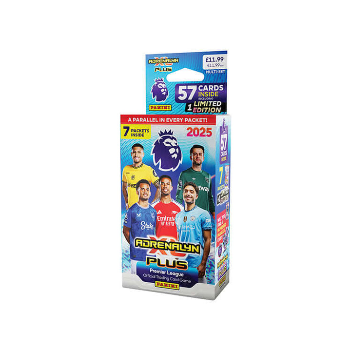 Premier League 2025 Adrenalyn XL PLUS trading card pack featuring 7 packets and 57 cards, perfect for collectors!