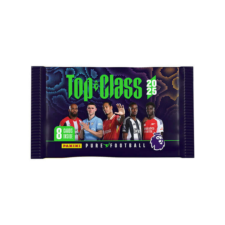 Premier League Top Class 2025 trading card pack featuring star players, 8 cards inside, Panini Pure Football.