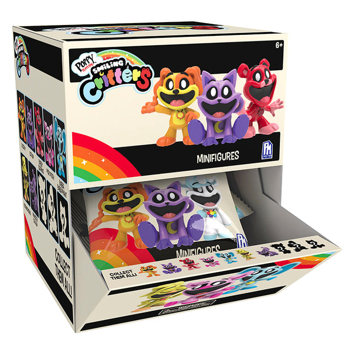 Poppy Playtime Series 4 Smiling Critters Mystery Minifigures display box with colorful characters and blind bags.