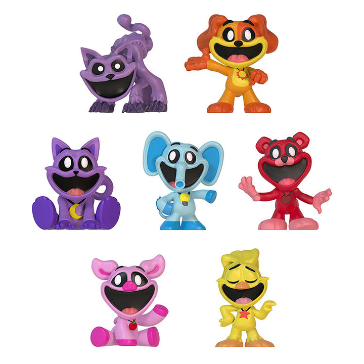 Poppy Playtime Series 4 Smiling Critters Mystery Minifigures featuring colorful critters in various poses.