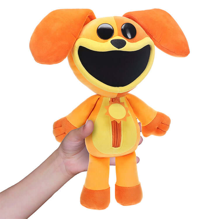 Smiling DogDay Deluxe Plush toy from Poppy Playtime, 12-inch character with bright colors and joyful expression.