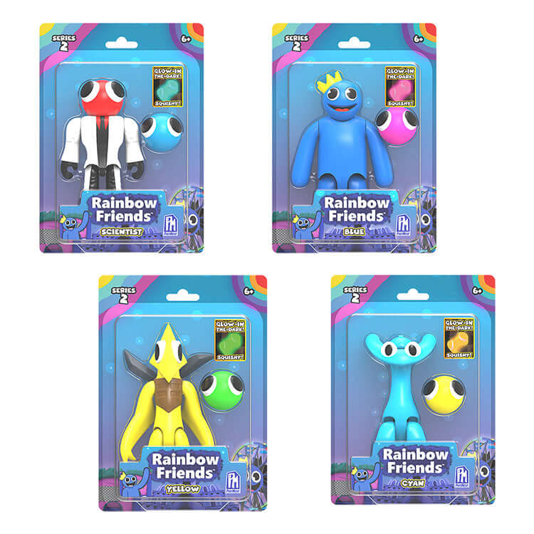 Rainbow Friends Series 2 action figures featuring Scientist, Blue, Yellow Bird, and Cyan in packaging.