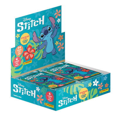 Stitch Trading Card Collection display box featuring colorful packaging with Stitch illustrations and floral designs.