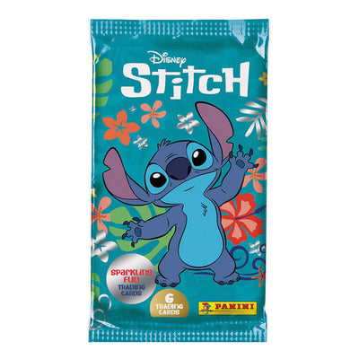 Stitch Trading Card Pack by Panini featuring the playful alien on a colorful floral background.