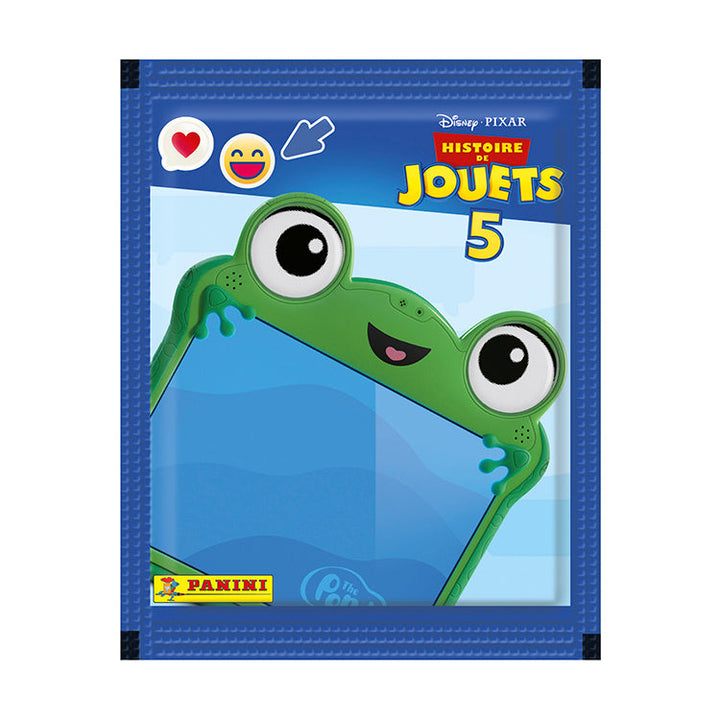Toy Story 5 sticker collection featuring a colorful frog character from the Panini album.