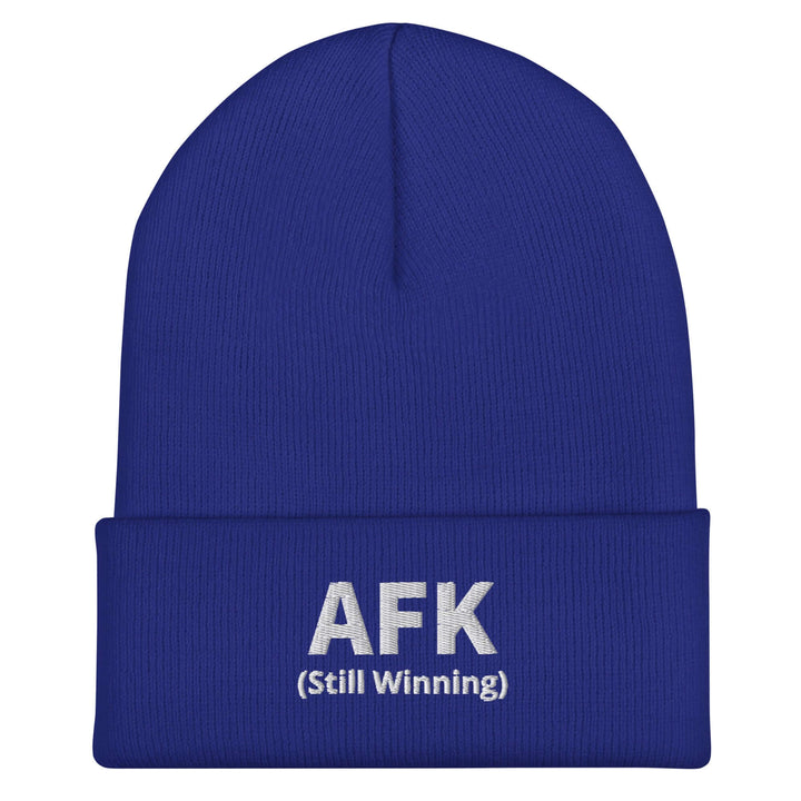 AFK Cuffed Beanie in blue color, featuring embroidered 'AFK (Still Winning)' text, a stylish accessory for cold weather.