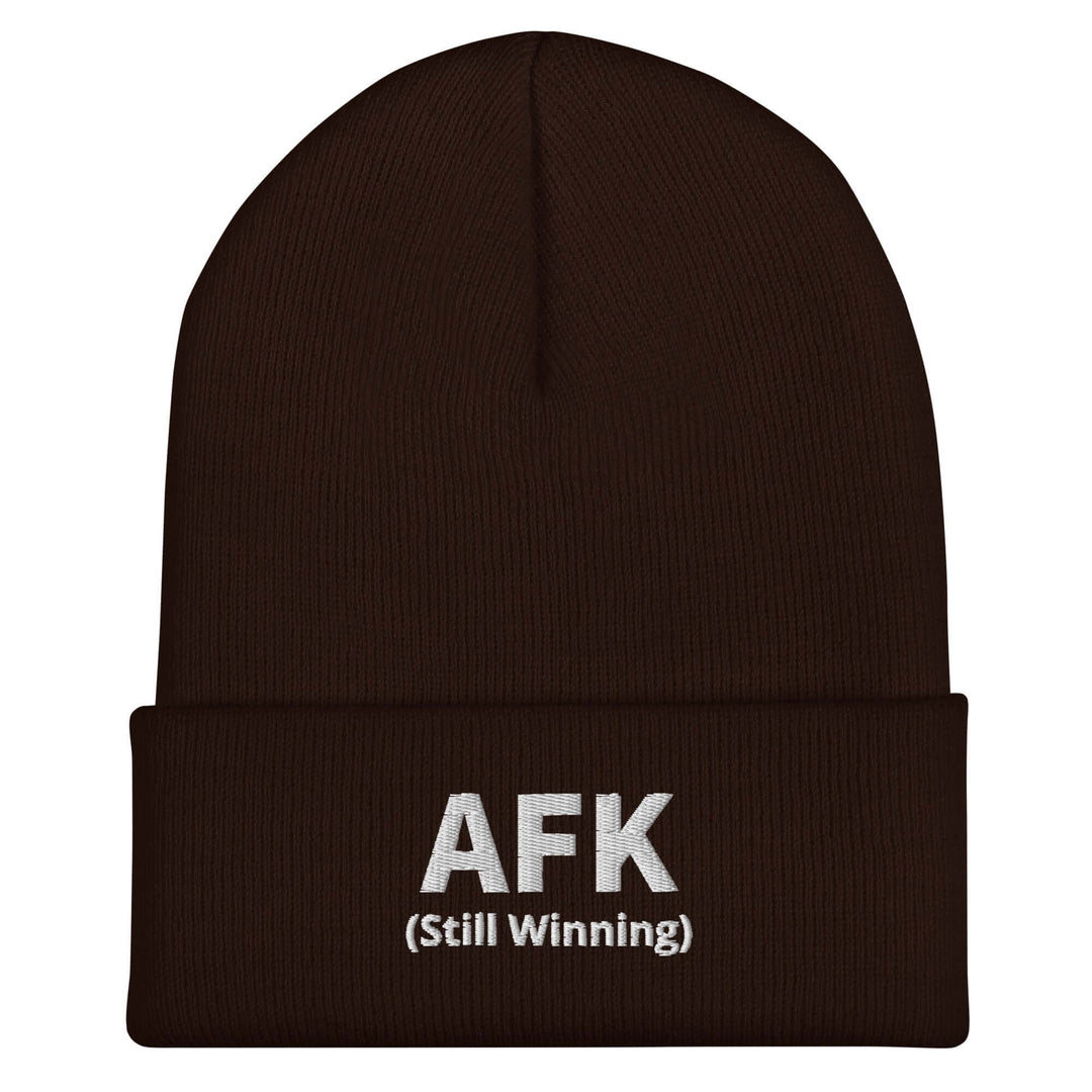AFK Cuffed Beanie in brown with bold lettering stating AFK (Still Winning) for stylish warmth.