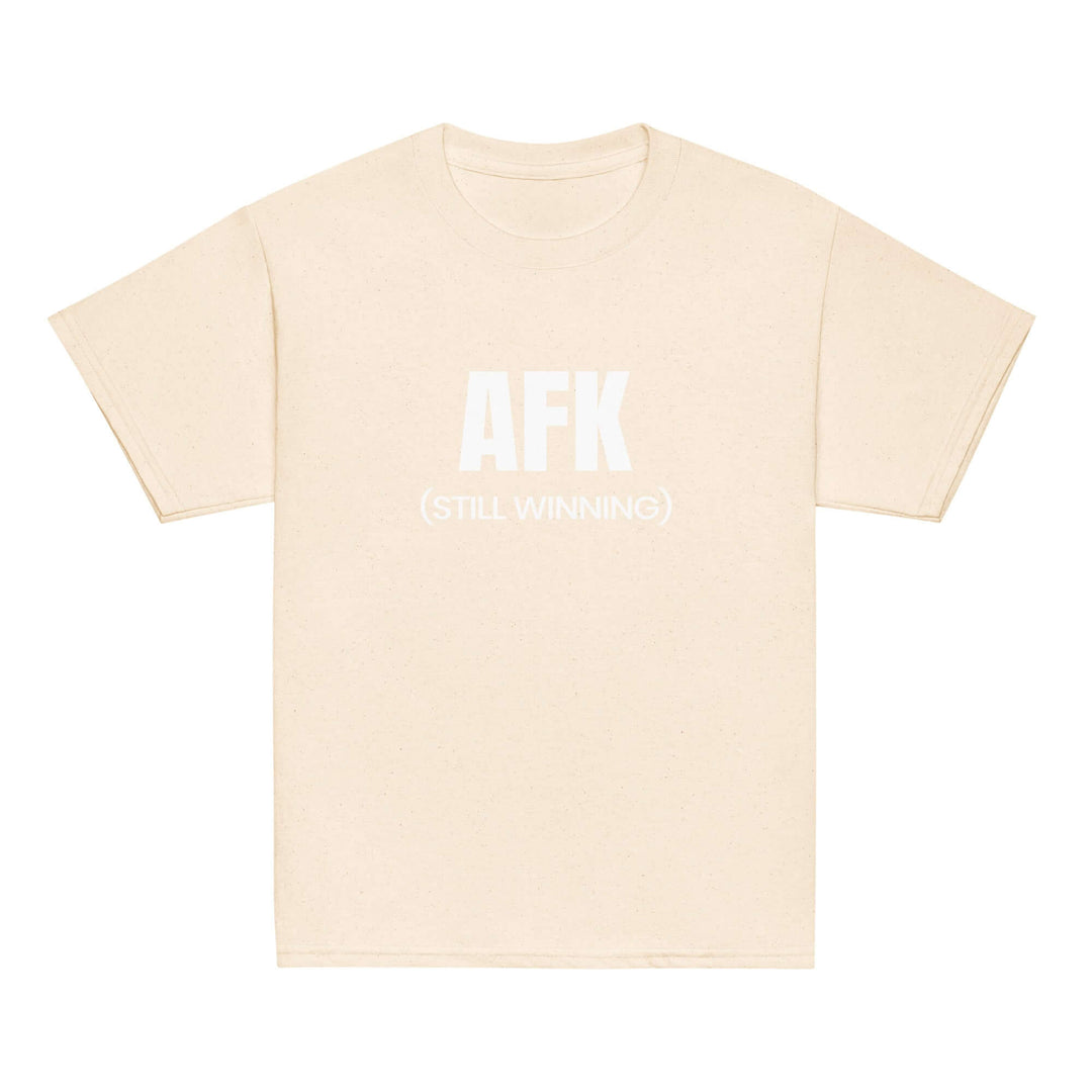 AFK Youth classic tee in beige with text saying 'AFK (STILL WINNING)' on front.
