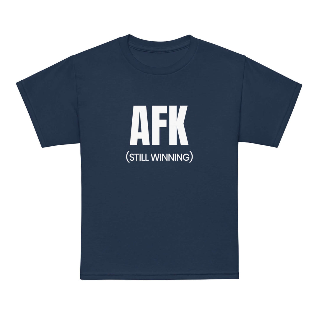 AFK Youth t-shirt in navy blue with bold white lettering stating 'AFK (STILL WINNING)'. Comfortable and stylish for kids.
