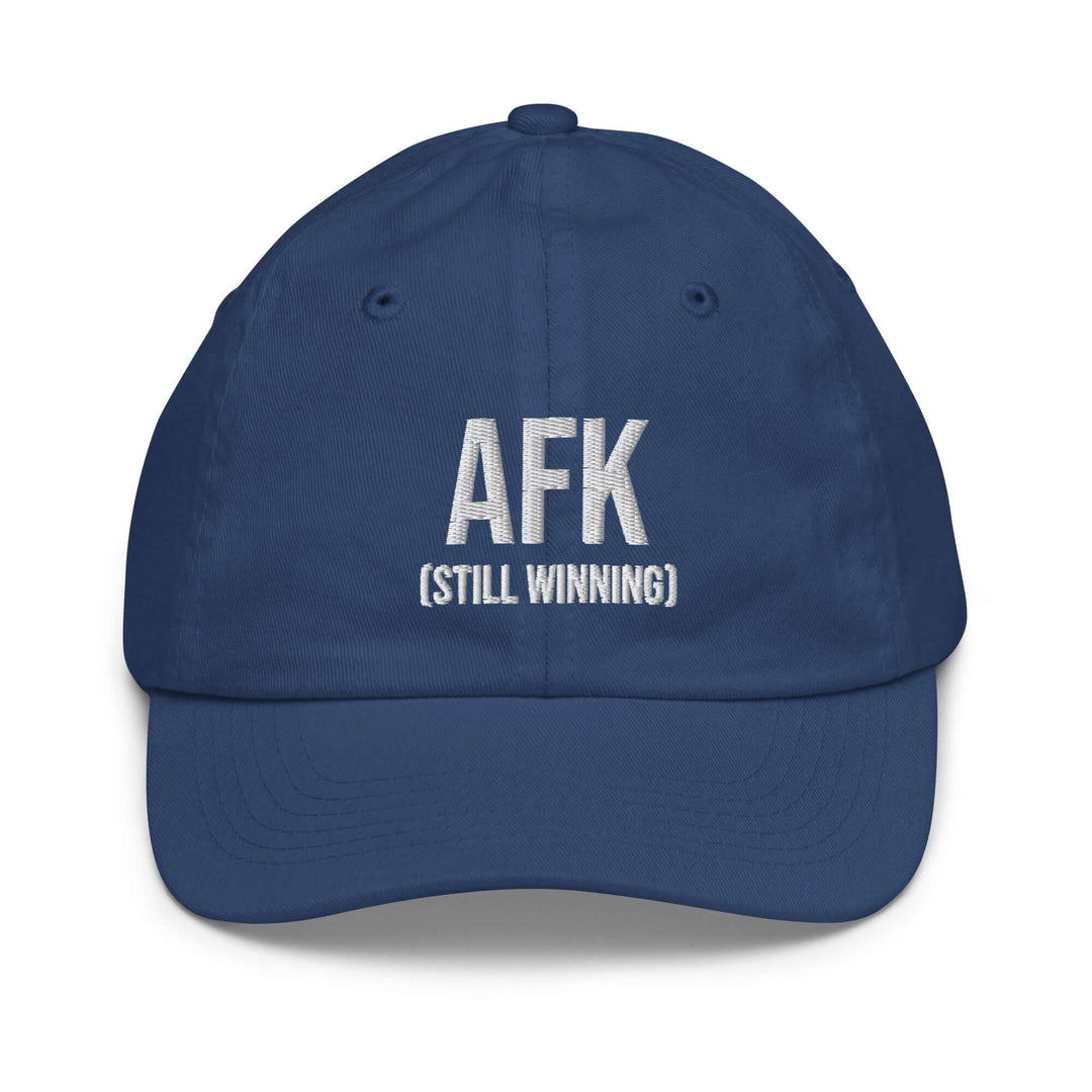 AFK Youth baseball cap in navy blue showcasing embroidered text AFK (STILL WINNING) on the front.