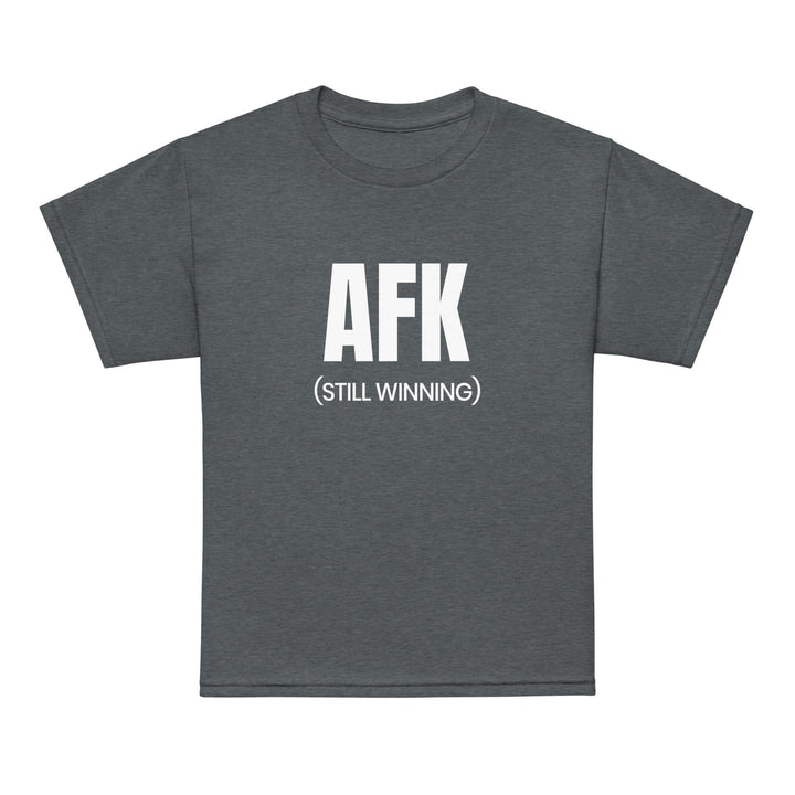AFK Youth t-shirt in dark gray, featuring bold 'AFK (STILL WINNING)' text for active kids.