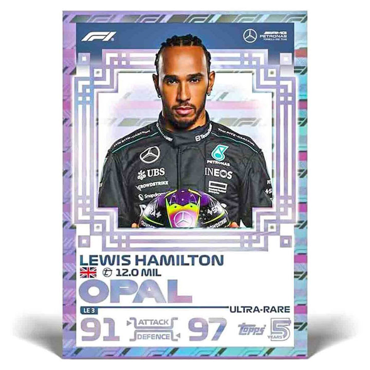 Turbo Attax 2024 trading card of Lewis Hamilton in F1 gear, labeled Opal and Ultra-Rare, with attack and defense stats