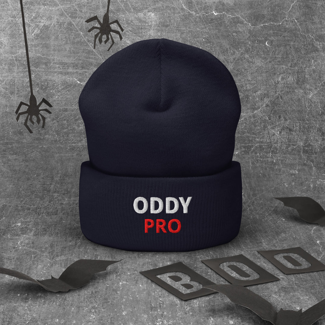 Oddy Pro Cuffed Beanie in dark navy with embroidered logo, perfect for winter fashion and warmth.