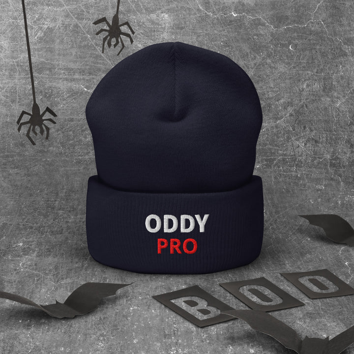 Oddy Pro Cuffed Beanie in dark navy with embroidered logo, perfect for winter fashion and warmth.