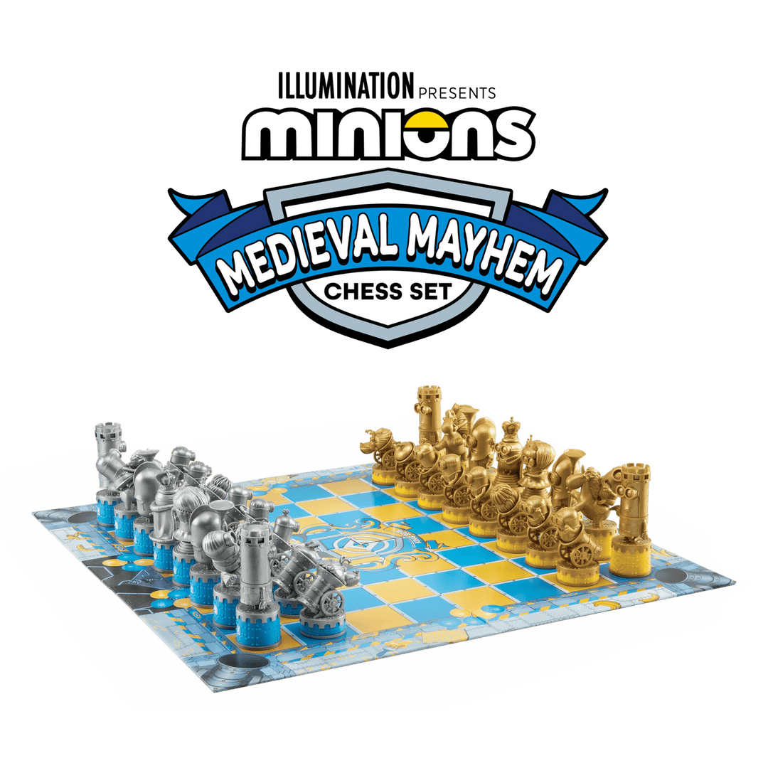 Minions Medieval Mayhem Chess Set Despicable Me featuring unique Minion character pieces on a colorful chessboard.