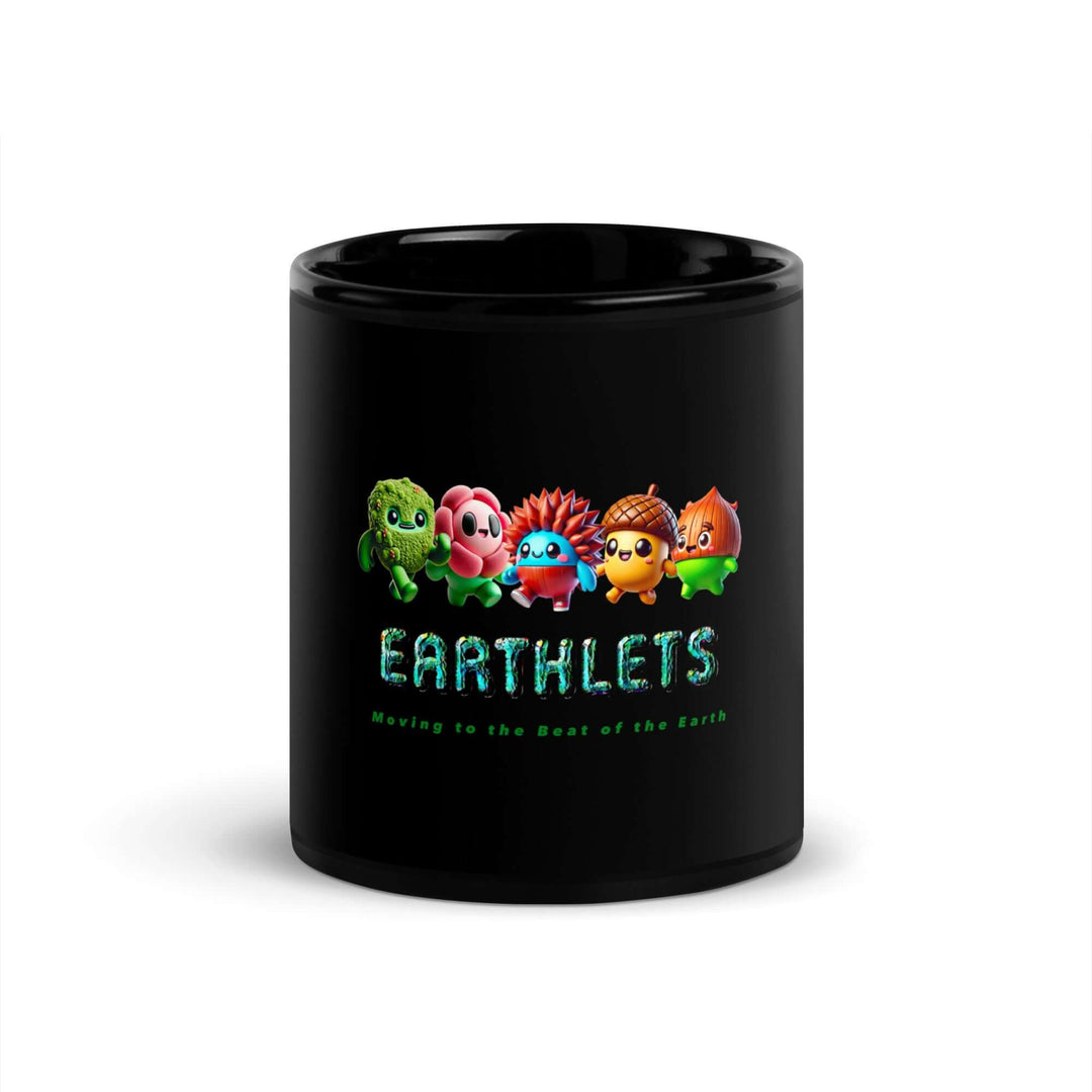 Earthlets black glossy mug featuring colorful characters and text, perfect for coffee or tea lovers.
