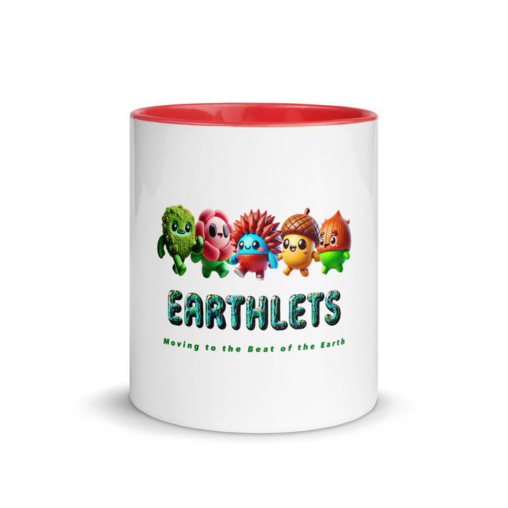 Earthlets mug with colorful inside, featuring vibrant characters and text, perfect for unique designs.