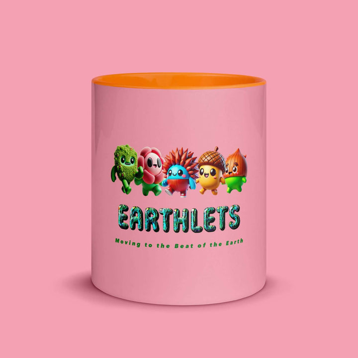 Colorful Earthlets mug with vibrant orange interior and cartoon characters design, showcasing unique branding.