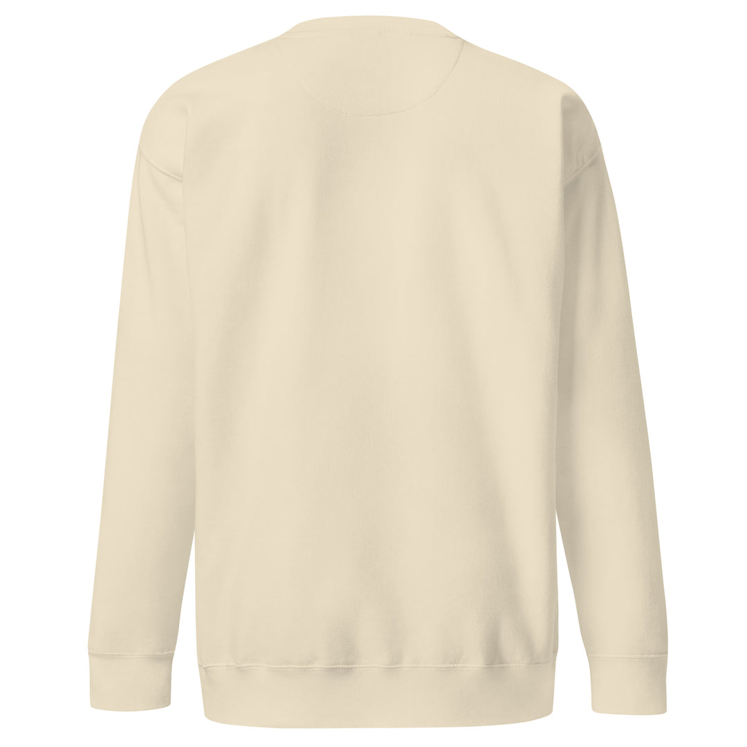 Back view of Earthlets unisex premium sweatshirt in light beige color with ribbed neckline and cuffs.
