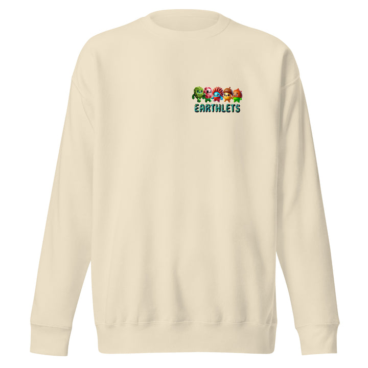 Earthlets unisex premium sweatshirt in cream color featuring colorful logos on the front.