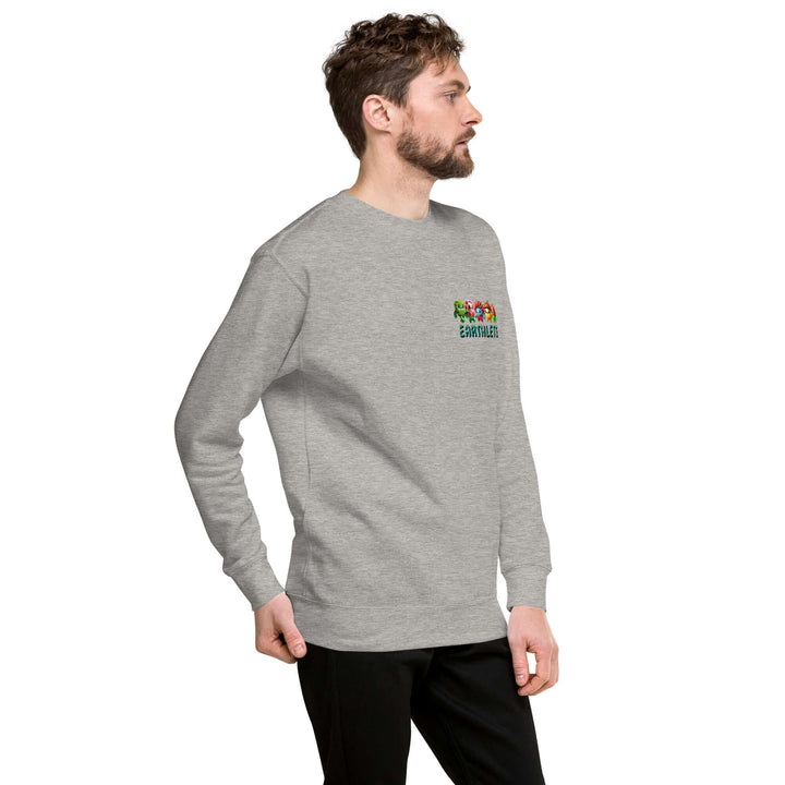 Earthlets Unisex Premium Sweatshirt model wearing gray sweatshirt with colorful embroidery design.