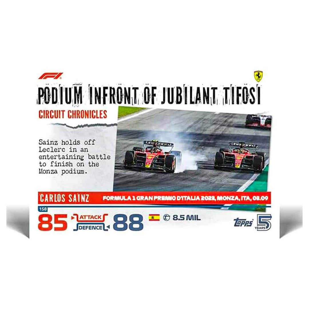 Topps 2024 F1 Turbo Attax Circuit Chronicles trading card featuring Carlos Sainz at the Italian Grand Prix Monza podium finish