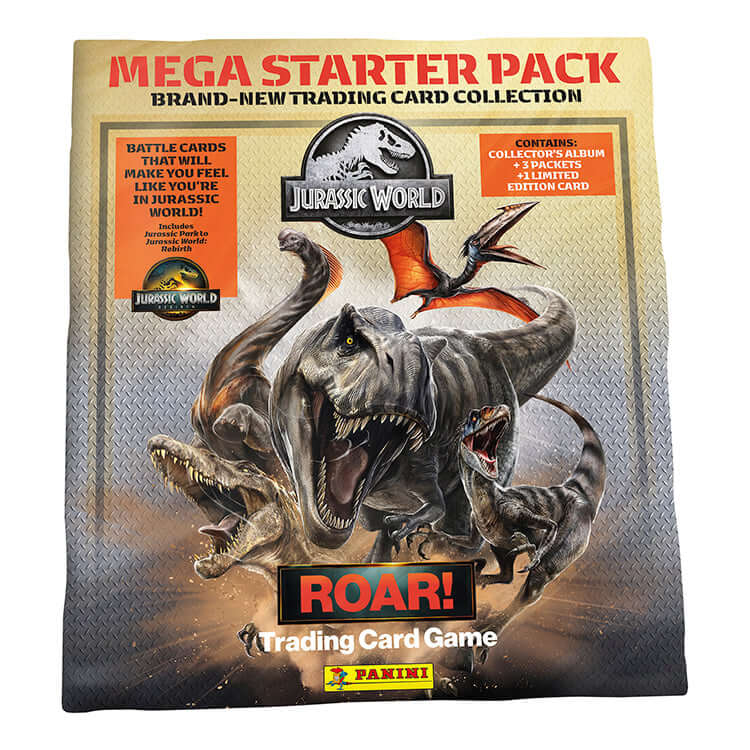 Jurassic World ROAR Trading Card Mega Starter Pack featuring dinosaur battle cards and collector's album by Panini.