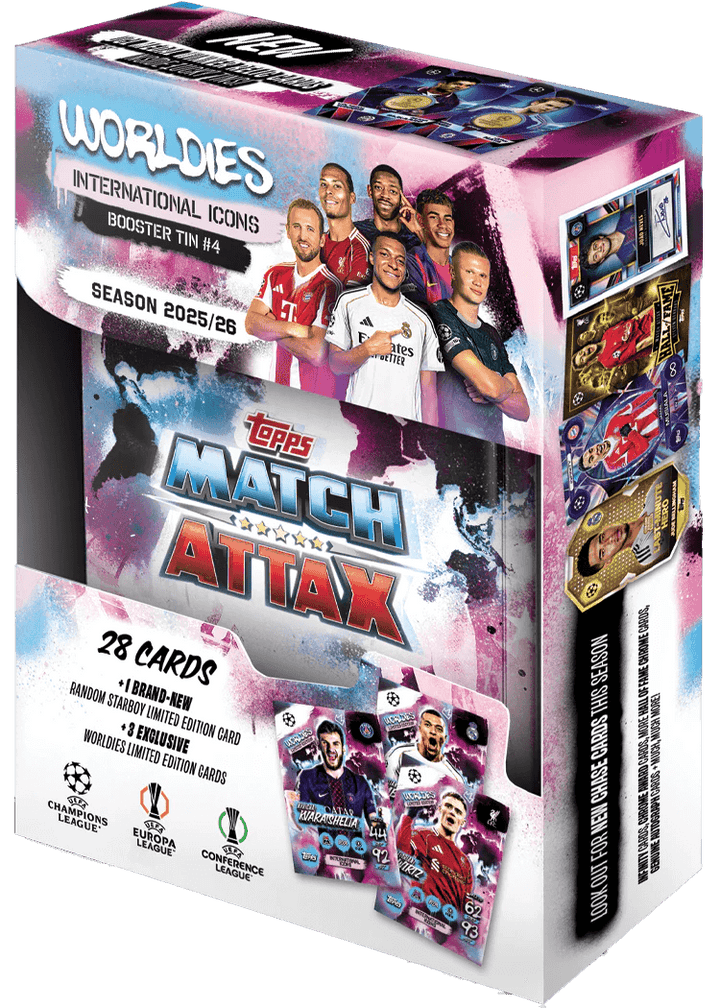 Match Attax 25/26 - Booster Tins featuring international icons with 28 collectible cards including limited editions.