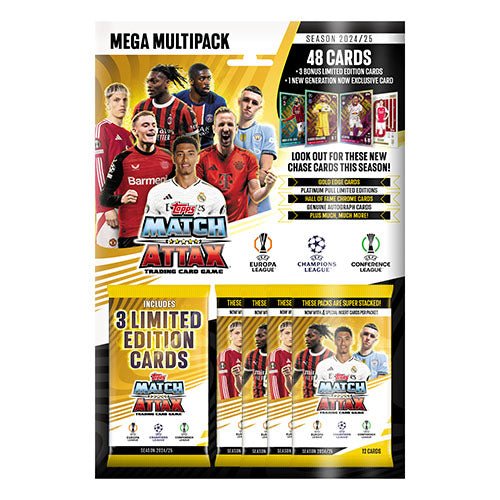 Match Attax 24/25 Mega Multipack featuring 48 cards, 3 limited editions, and exclusive new cards from UEFA leagues.