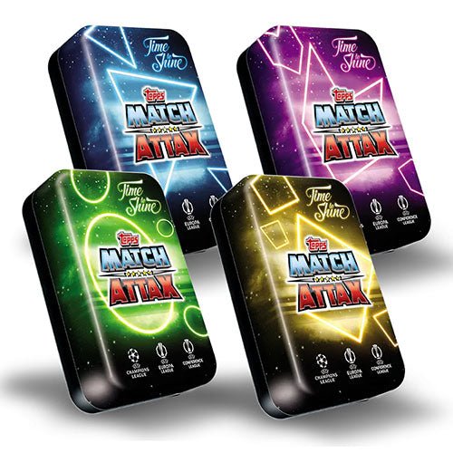 Match Attax 24/25 Mega Tin collection featuring four colorful designs for UEFA Champions League cards.