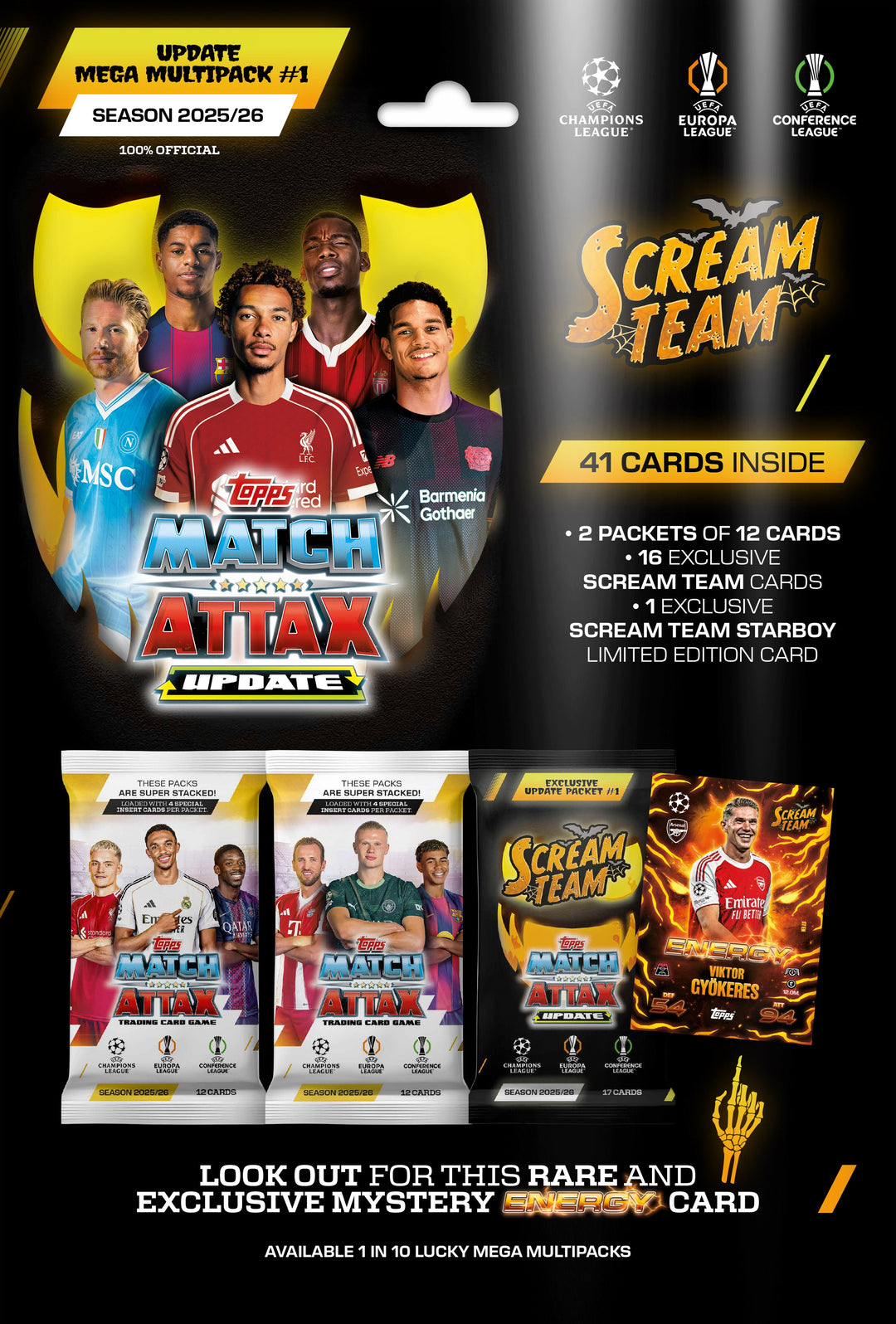 Match Attax Update - Scream Team Mega Multipack featuring 41 cards, 2 packets, and exclusive cards for the 2025/26 season.