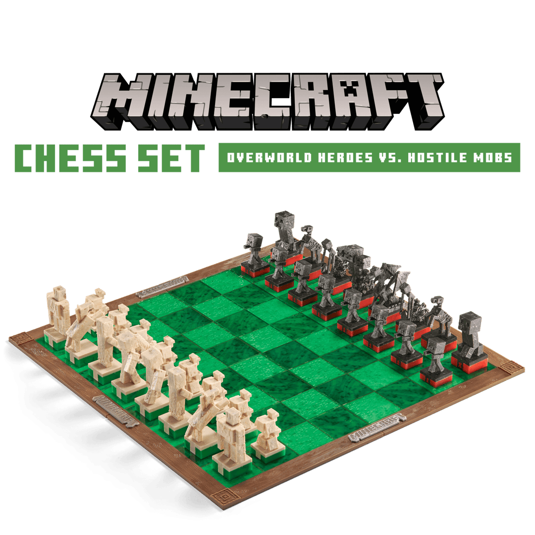 Minecraft Chess Set Overworld Heroes vs Hostile Mobs displayed on a textured green chessboard with themed pieces.