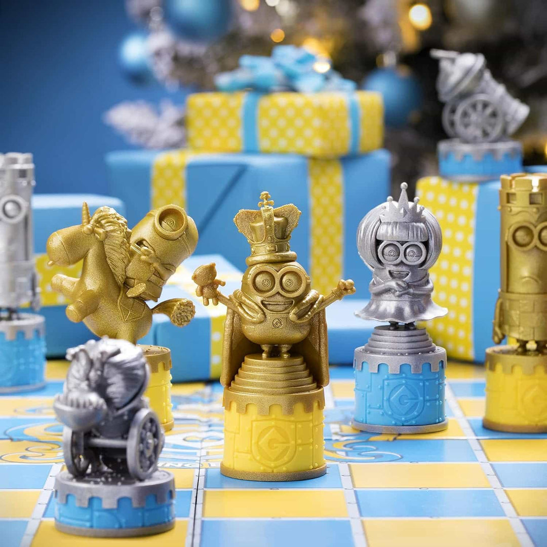 Minions Medieval Mayhem Chess Set Despicable Me featuring unique chess pieces and colorful board.